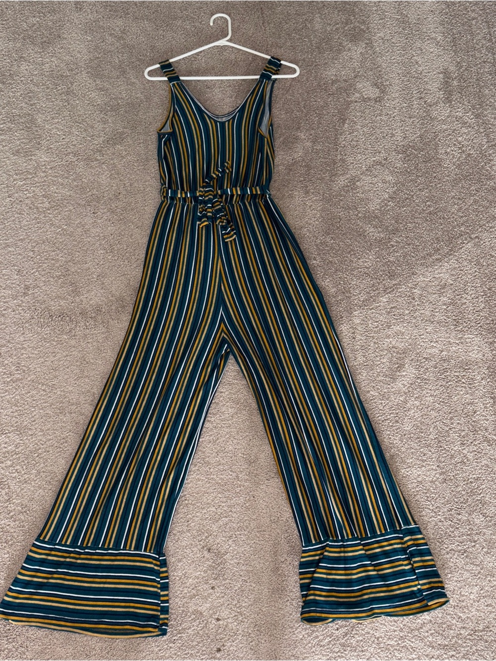 Women’s Caution To The Wind Striped Sleeveless Jumpsuit Teal & Mustard Size: L